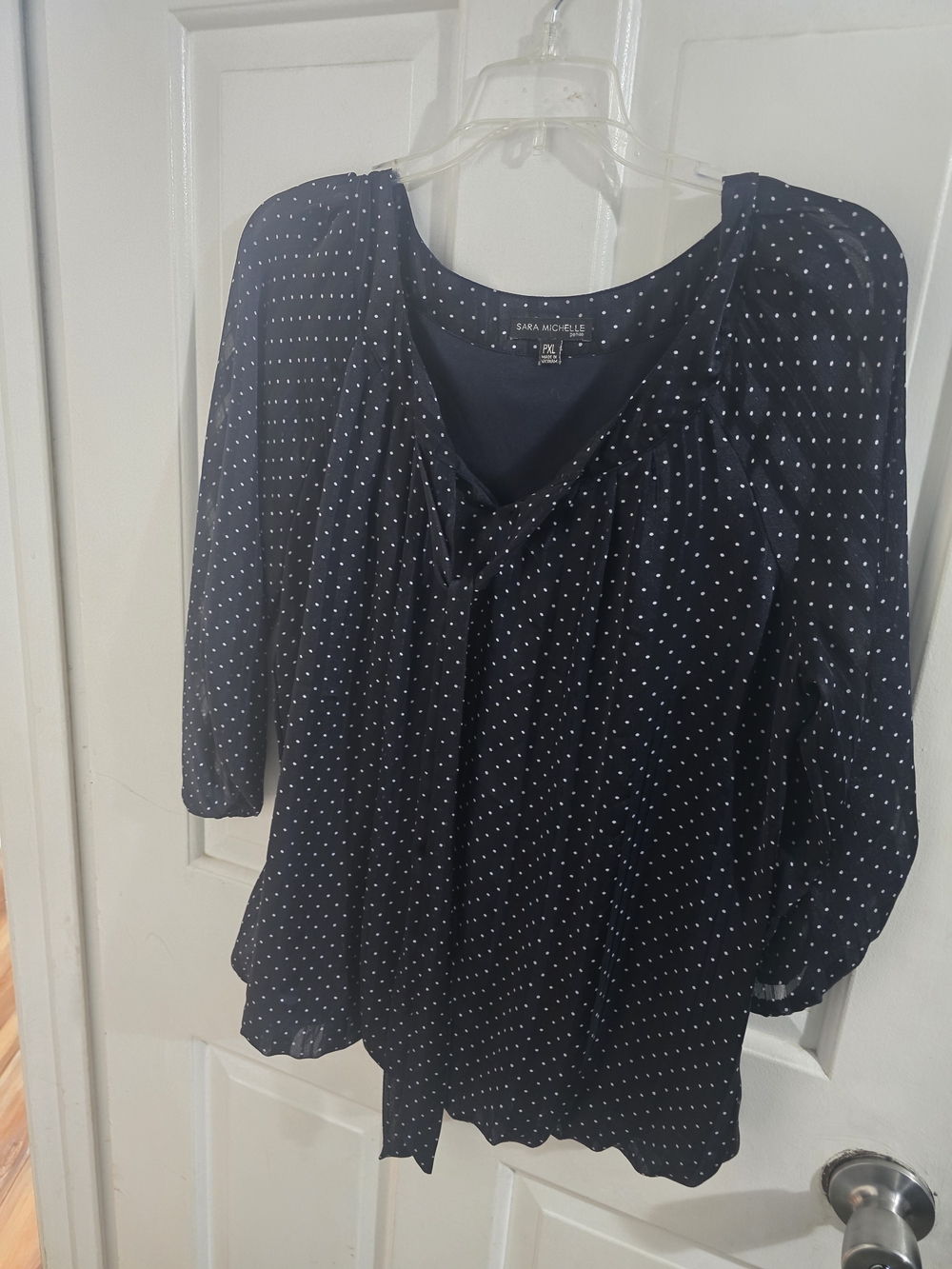Sara Michelle Navy Polka Dot V-Neck Blouse